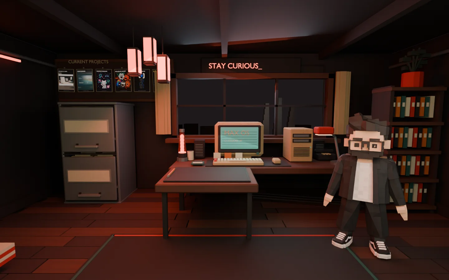 Max’s cozy Baku studio with a filing cabinet, CRT computer and books.